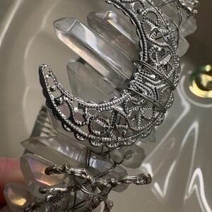 Silver Filigree Crescent Hairband with aura Clear Crystal Points
